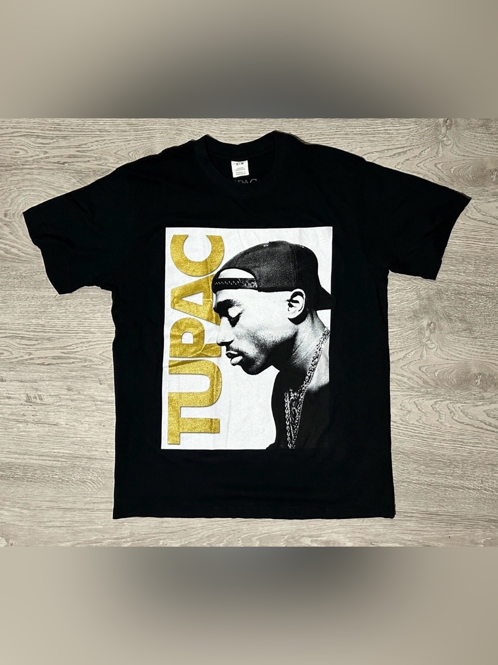 2pac Shakur Men’s Large Print Gold and Black Rap Music Graphic T-Shirt